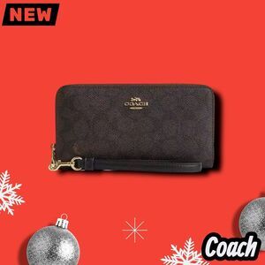 NWT Coach Long Zip Around Wallet – Signature Canvas, Gold/Walnut/Black